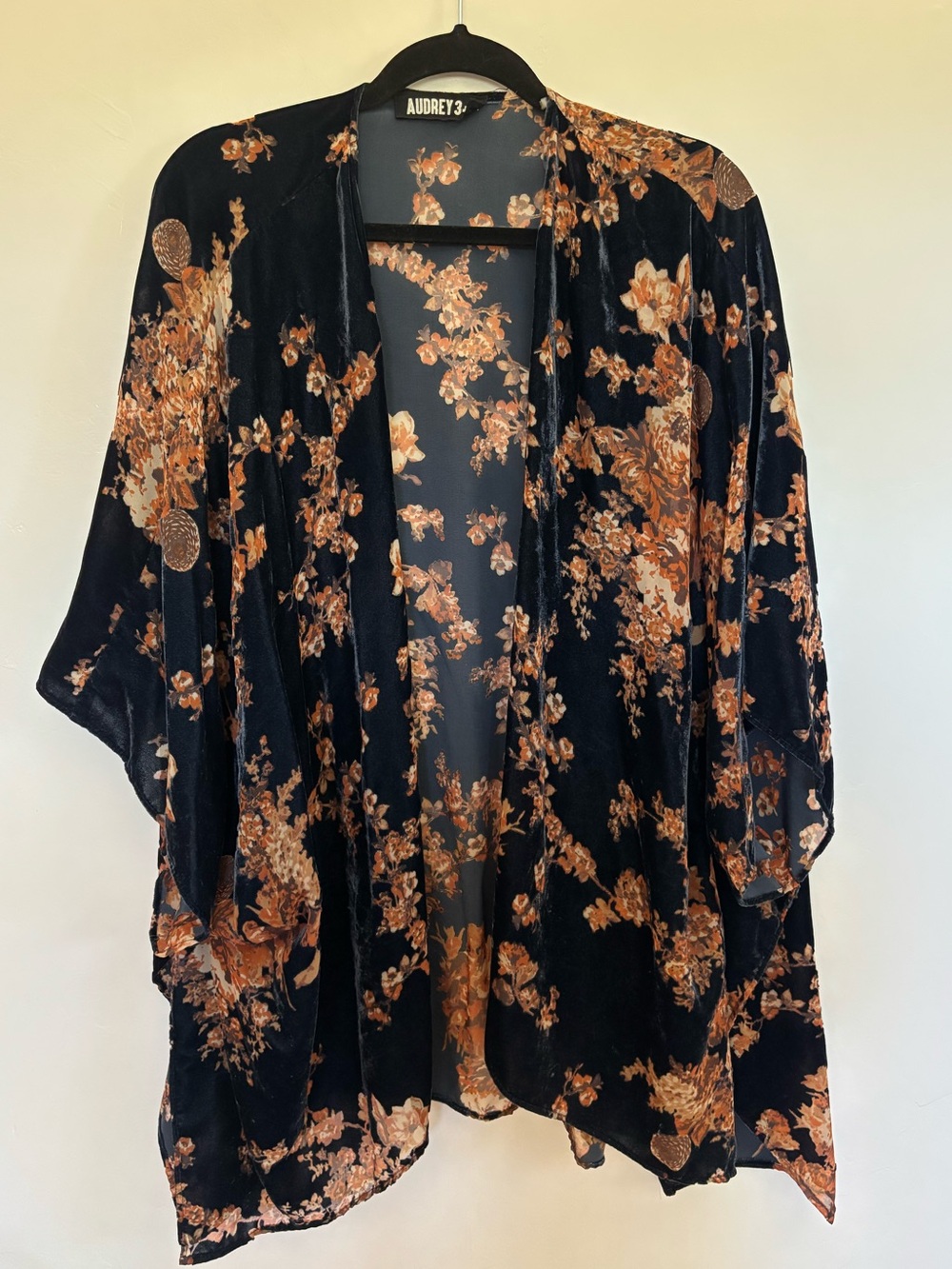 Audrey 3+1 Black Velvet Burnout Floral Kimono Boho Duster One Size A13